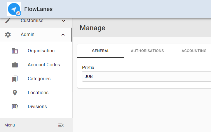 Administration menu showing manage screen